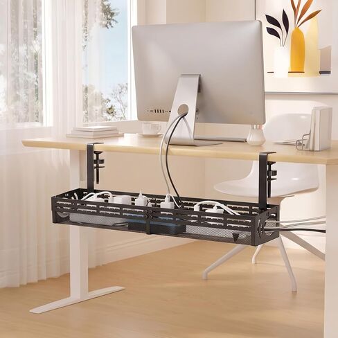 Under Desk Cable Management Tray, 15-25in Retractable Metal Cord Organizer Rack, No Drill Desk Tray with Clamp, Anti-Slip Pads Cable Tray for Home, Office, Gaming, Standing Desks in Kuwait