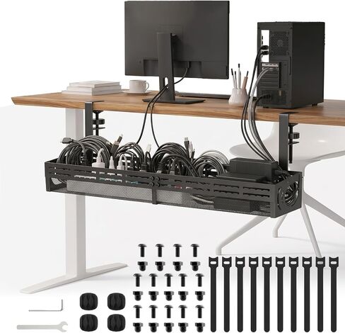 Under Desk Cable Management Tray, 15-25in Retractable Metal Cord Organizer Rack, No Drill Desk Tray with Clamp, Anti-Slip Pads Cable Tray for Home, Office, Gaming, Standing Desks in Kuwait