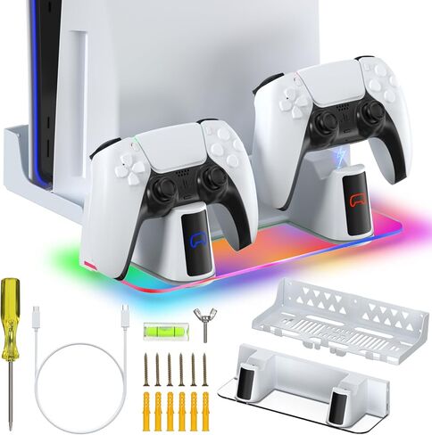 HuiJuKeJi Wall Mount Kit for PS5/PS5 Slim with Charging Station,Dual Controller Stand and Charger with Multi-Mode RGB Light App,Compatible with PlayStation 5/5 Slim/5 Pro Disc & Digital Version in Kuwait
