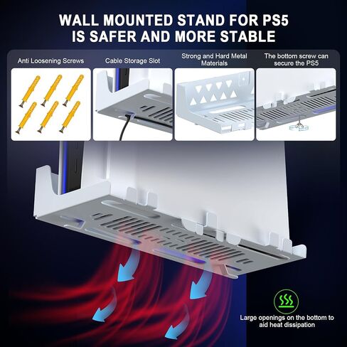 HuiJuKeJi Wall Mount Kit for PS5/PS5 Slim with Charging Station,Dual Controller Stand and Charger with Multi-Mode RGB Light App,Compatible with PlayStation 5/5 Slim/5 Pro Disc & Digital Version in Kuwait