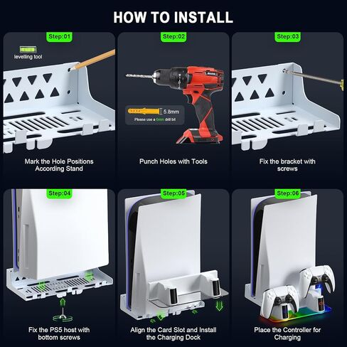 HuiJuKeJi Wall Mount Kit for PS5/PS5 Slim with Charging Station,Dual Controller Stand and Charger with Multi-Mode RGB Light App,Compatible with PlayStation 5/5 Slim/5 Pro Disc & Digital Version in Kuwait