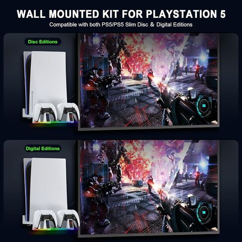 HuiJuKeJi Wall Mount Kit for PS5/PS5 Slim with Charging Station,Dual Controller Stand and Charger with Multi-Mode RGB Light App,Compatible with PlayStation 5/5 Slim/5 Pro Disc & Digital Version in Kuwait