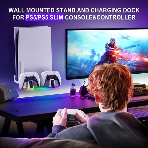 HuiJuKeJi Wall Mount Kit for PS5/PS5 Slim with Charging Station,Dual Controller Stand and Charger with Multi-Mode RGB Light App,Compatible with PlayStation 5/5 Slim/5 Pro Disc & Digital Version in Kuwait