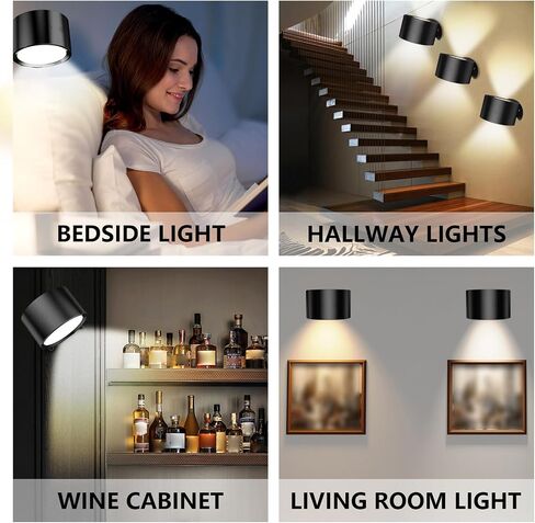 Magnetic Wall Lamp Dimmable Rotating Bedroom Reading Light USB Rechargeable (Black) in Saudi Arabia