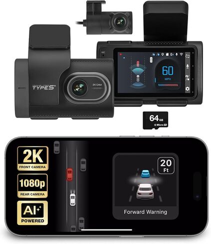 Type S T400 AI-Powered Driver Assistance 4K Dash Cam with ADAS, Collision Warnings, Lane and Pedestrian Detection, Vehicle Departure Reminders, Front Rear Smart Incident Video Surveillance, SD Card in Kuwait