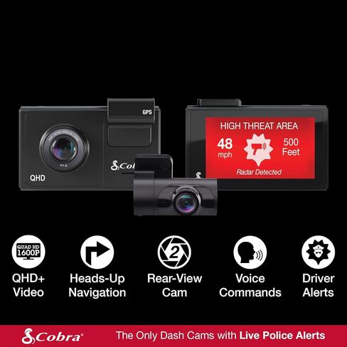 Cobra Smart Dash Cam + Rear Cam (SC 200D) – QHD+ 1600P Resolution, Built-in Wi-Fi & GPS, Voice Commands, Live Police Alerts, Incident Reports, Emergency Mayday, Drive Smarter App, 16GB SD Card Incl. in Saudi Arabia