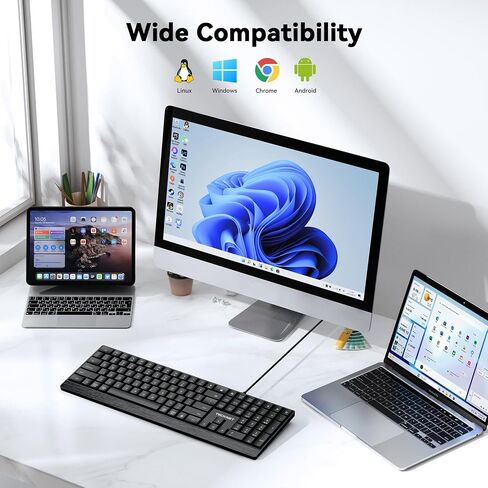 TECKNET Wired Keyboard, Ultra-Slim USB Keyboard with Scissor-Switch Silent Keys, Mechanical Feeling Kyeboard, Ergonomic Foldable Stand, Plug and Play for PC/Laptop/Mac, Black in Kuwait