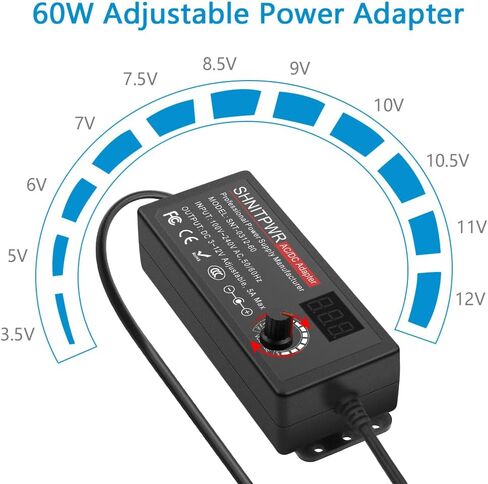 SHNITPWR 60W Universal Power Supply DC 3V 4V 4.5V 5V 6V 7V 7.5V 8V 9V 10V 11V 12V Adjustable Variable Power Adapter 100V-240V AC to DC Converter 1A 2A 2.5A 3A 4A 5A with 14 Tips & Polarity Converter in Kuwait