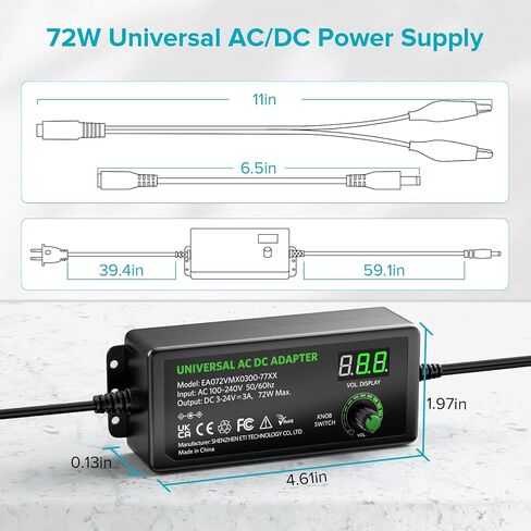 Powseed Universal Power Supply Variable 3V~24V 3A 72W Multi Voltage Adapter in Kuwait