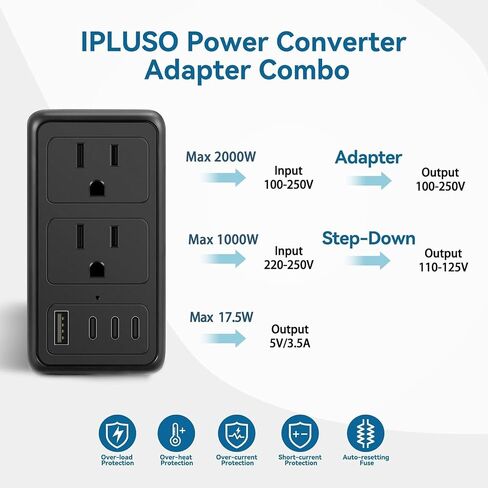 2000W 220V to 110V Voltage Converter US to Europe for Hair Dryer, Converter European Travel Converter Fast Charging, Power Converter Adapter Combo for 200+ Countries (Black) in Saudi Arabia