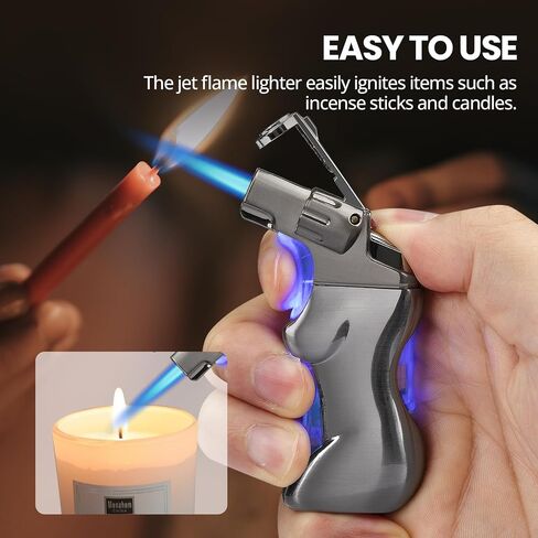 YUSUD Refillable Torch Lighter with Visible Fuel Window - Cool Blue LED Light Design - Adjustable Windproof Jet Flame - Butane Lighter for Camping & Unique Gift for Men Women (Butane Not Included) in Kuwait