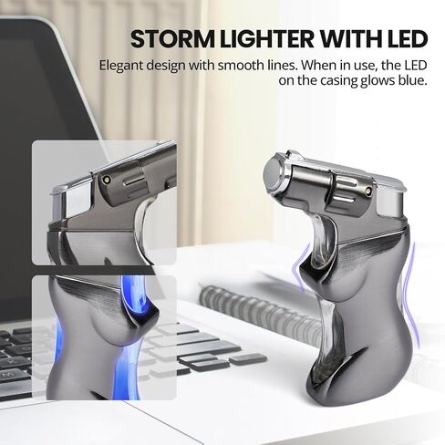 YUSUD Refillable Torch Lighter with Visible Fuel Window - Cool Blue LED Light Design - Adjustable Windproof Jet Flame - Butane Lighter for Camping & Unique Gift for Men Women (Butane Not Included) in Kuwait