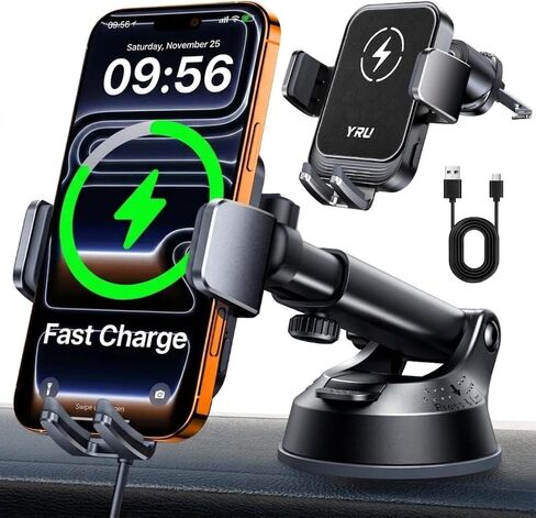 YRU [True Military-Grade Wireless Car Charger Mount, 15W Charging Auto Clamping Car Phone Holder [98+LBS Strong] Dashboard Windshield Vent Cellphone Holder for iPhone 17 16 15 Pro Max, Space Black in Kuwait