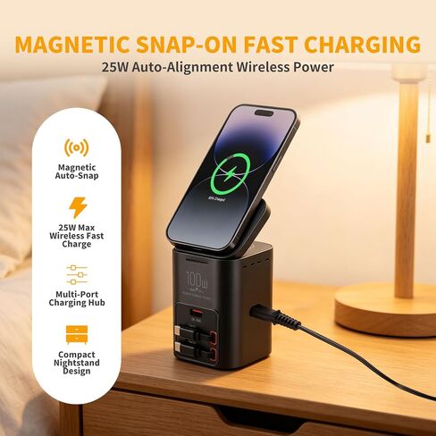 100W Multi-Function Desktop Charging Station, Wireless Charger with Dual 75cm Retractable USB-C Cables, USB-A QC3.0, Fast Charging for Laptops, Phones, Earbuds（I161C） in Kuwait