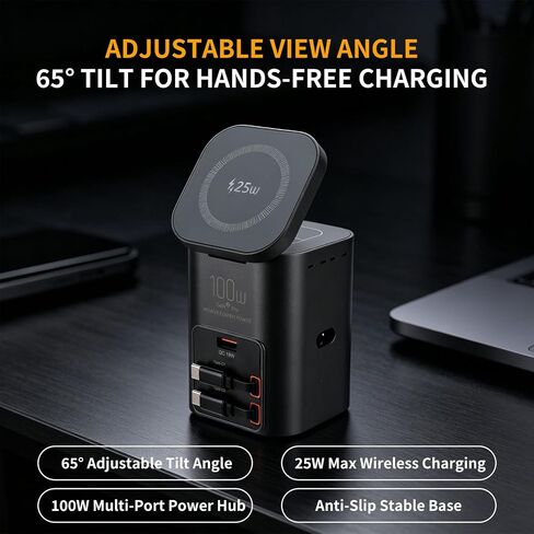100W Multi-Function Desktop Charging Station, Wireless Charger with Dual 75cm Retractable USB-C Cables, USB-A QC3.0, Fast Charging for Laptops, Phones, Earbuds（I161C） in Kuwait