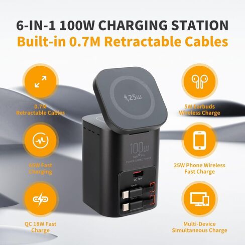 100W Multi-Function Desktop Charging Station, Wireless Charger with Dual 75cm Retractable USB-C Cables, USB-A QC3.0, Fast Charging for Laptops, Phones, Earbuds（I161C） in Kuwait