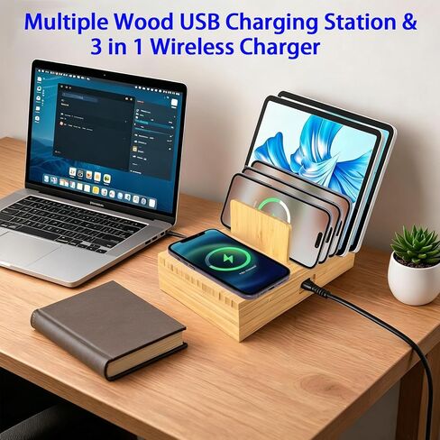 6 Port USB Charging Station for Multiple Devices 200W USB C Laptop Charger for MacBook Tablet 15W 3-in-1 Wireless Charger for iPhone/Apple Watch/AirPods Bamboo Charging Station Organzier in Kuwait