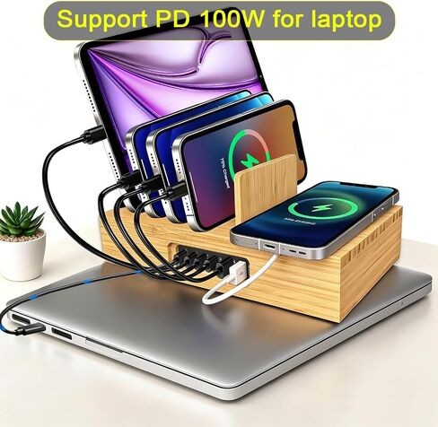 6 Port USB Charging Station for Multiple Devices 200W USB C Laptop Charger for MacBook Tablet 15W 3-in-1 Wireless Charger for iPhone/Apple Watch/AirPods Bamboo Charging Station Organzier in Kuwait