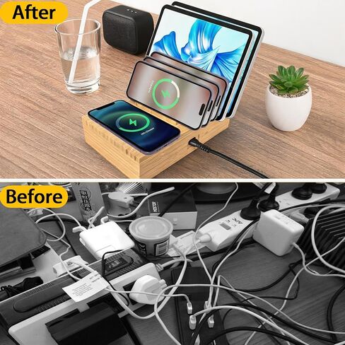 6 Port USB Charging Station for Multiple Devices 200W USB C Laptop Charger for MacBook Tablet 15W 3-in-1 Wireless Charger for iPhone/Apple Watch/AirPods Bamboo Charging Station Organzier in Kuwait