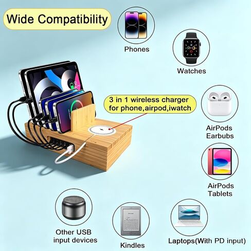 6 Port USB Charging Station for Multiple Devices 200W USB C Laptop Charger for MacBook Tablet 15W 3-in-1 Wireless Charger for iPhone/Apple Watch/AirPods Bamboo Charging Station Organzier in Kuwait