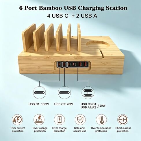 6 Port USB Charging Station for Multiple Devices 200W USB C Laptop Charger for MacBook Tablet 15W 3-in-1 Wireless Charger for iPhone/Apple Watch/AirPods Bamboo Charging Station Organzier in Kuwait
