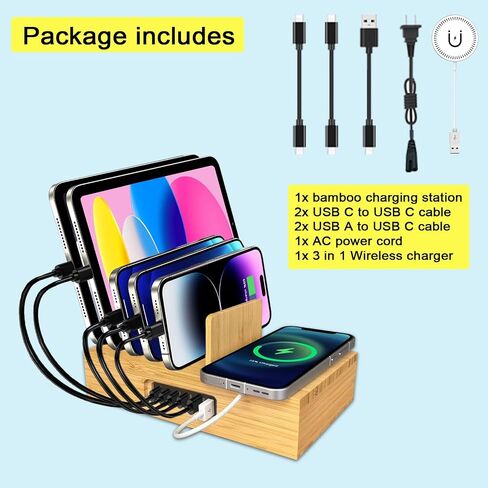 6 Port USB Charging Station for Multiple Devices 200W USB C Laptop Charger for MacBook Tablet 15W 3-in-1 Wireless Charger for iPhone/Apple Watch/AirPods Bamboo Charging Station Organzier in Kuwait