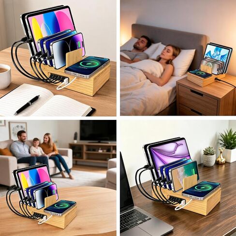 6 Port USB Charging Station for Multiple Devices 200W USB C Laptop Charger for MacBook Tablet 15W 3-in-1 Wireless Charger for iPhone/Apple Watch/AirPods Bamboo Charging Station Organzier in Kuwait