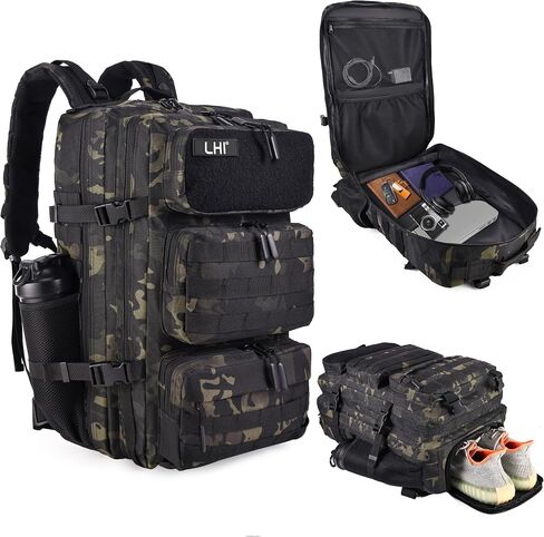 LHI Military Tactical Backpack for Men and Women 50L Army 3 Days Assault Pack Bag Large Rucksack with Shoe Compartment - Black in Kuwait