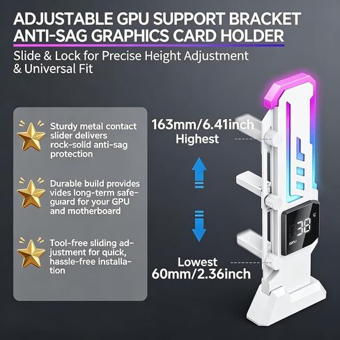 ARGB GPU Support Bracket with CPU & GPU Temp/Usage Display, Adjustable Height Anti Sag GPU Stand with Magnet & Non-Slip Base, Universal Graphics Card Support, RGB GPU Brace / Video Card Holder in Kuwait
