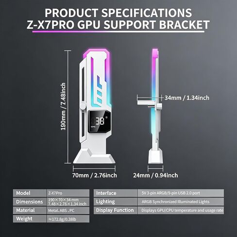 ARGB GPU Support Bracket with CPU & GPU Temp/Usage Display, Adjustable Height Anti Sag GPU Stand with Magnet & Non-Slip Base, Universal Graphics Card Support, RGB GPU Brace / Video Card Holder in Kuwait
