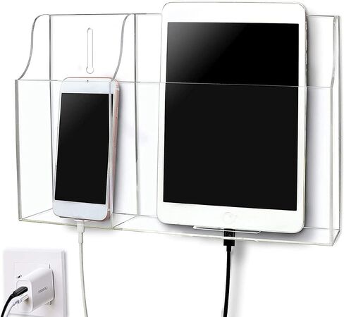 Clear Wall Tablet Holder Acrylic Wall Mounted Phone Holder for iPad, Remote Control Holder Laptop Stand for eReader Storage Caddy with Charging Holes for Kindle iPhone in Kuwait