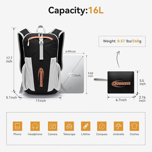 CROSS GEAR 16L Foldable Hiking Backpack, RFID Protection, Lightweight Waterproof Daypack, Packable Backpacks for Women Men, Small Hiking Daypack for Camping Travel Outdoor, Black in Saudi Arabia