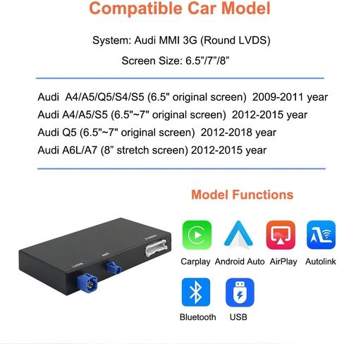 Wireless Carplay Android Auto Adapter for Audi A4 A5 Q5 S4 S5 2008-2018 | MMI 3G Retrofit Kit with Navigation, Music, Siri, OEM Knob Control, Camera Input in Kuwait
