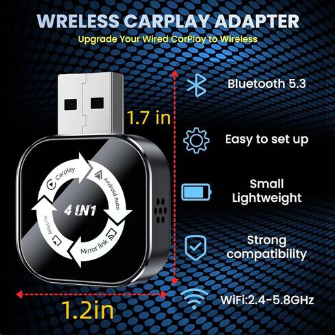 2026 Upgraded 4-in-1 Wireless CarPlay Adapter, Convert Wired to Wireless CarPlay & Android Auto, Support AirPlay & Screen Mirroring, Zero Latency Plug & Play, USB/Type-C for iPhone iOS & Android in Kuwait