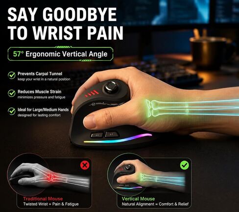 TKMARS Wireless Ergonomic Vertical Gaming Mouse with Joystick, Bluetooth & 2.4G, 12 Programmable Buttons, Adjustable 24000 DPI, Rechargeable RGB Computer Mouse for PC, MacBook & Laptops in Kuwait