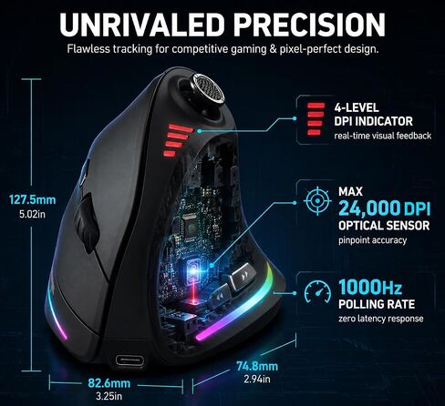 TKMARS Wireless Ergonomic Vertical Gaming Mouse with Joystick, Bluetooth & 2.4G, 12 Programmable Buttons, Adjustable 24000 DPI, Rechargeable RGB Computer Mouse for PC, MacBook & Laptops in Kuwait