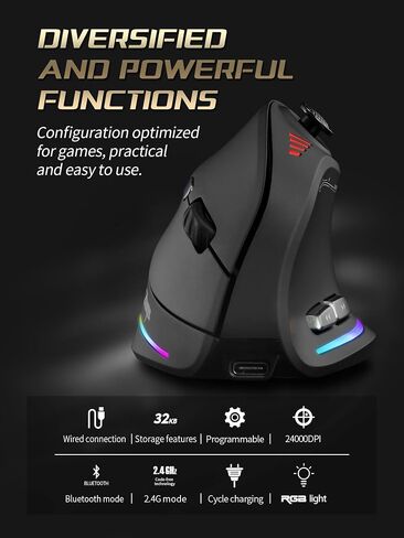 TKMARS Wireless Ergonomic Vertical Gaming Mouse with Joystick, Bluetooth & 2.4G, 12 Programmable Buttons, Adjustable 24000 DPI, Rechargeable RGB Computer Mouse for PC, MacBook & Laptops in Kuwait