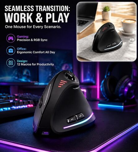 TKMARS Wireless Ergonomic Vertical Gaming Mouse with Joystick, Bluetooth & 2.4G, 12 Programmable Buttons, Adjustable 24000 DPI, Rechargeable RGB Computer Mouse for PC, MacBook & Laptops in Kuwait