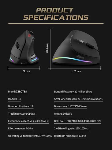TKMARS Wireless Ergonomic Vertical Gaming Mouse with Joystick, Bluetooth & 2.4G, 12 Programmable Buttons, Adjustable 24000 DPI, Rechargeable RGB Computer Mouse for PC, MacBook & Laptops in Kuwait