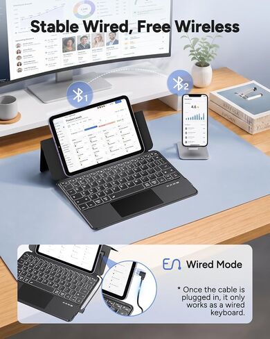 Universal Keyboard Wired & Dual Bluetooth for Tablet & Phone, Plug & Play Keypad for iPad, Z Fold & Galaxy Tab & Idea Tab, Wireless Keypad w/ Trackpad & Stand & Backlit for iOS/Android/macOS/Windows in Kuwait