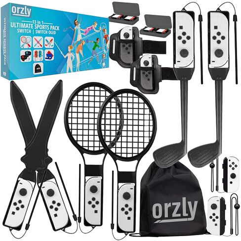 Orzly Switch Sports Games 2024 Accessories Bundle Pack for Nintendo Switch & Switch OLED with Tennis Rackets, Golf Clubs, Chambara Swords, Soccer Leg Straps & Joycon Grips - With Carry Bag in Kuwait