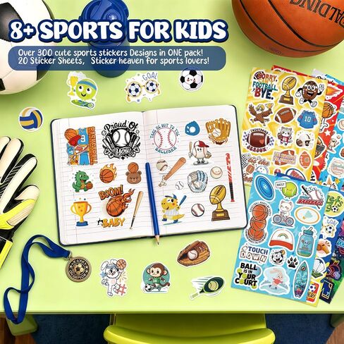 300 Pcs Sport Stickers for Kids, Waterproof Vinyl Sticker Water Bottles (Soccer, Basketball, Baseball) for Laptops, Party Favors & Classroom Prizes, Birthday Decorations in Saudi Arabia