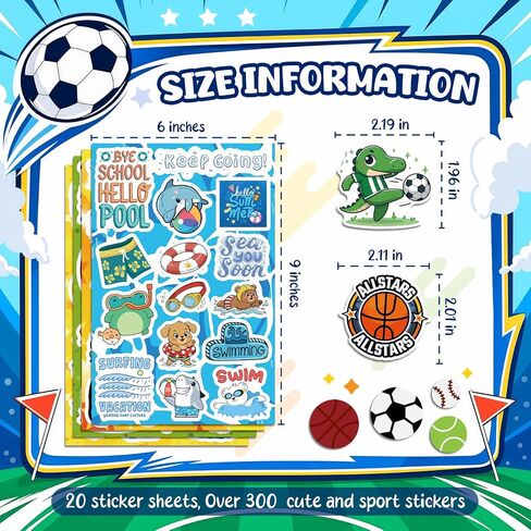 300 Pcs Sport Stickers for Kids, Waterproof Vinyl Sticker Water Bottles (Soccer, Basketball, Baseball) for Laptops, Party Favors & Classroom Prizes, Birthday Decorations in Saudi Arabia