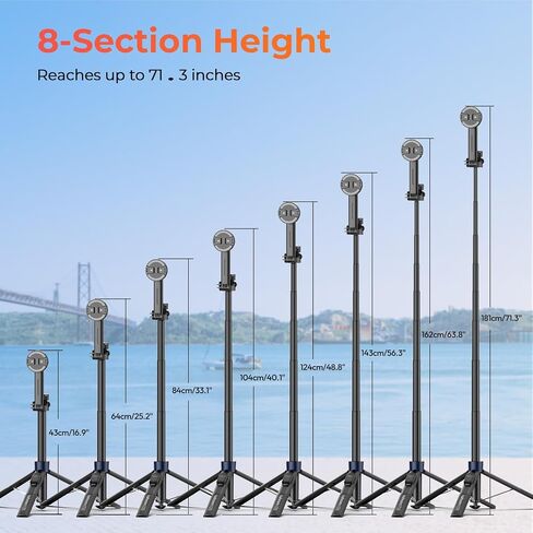 Kaitezenz 71" Auto Pop Open Magnetic Tripod for iPhone with Remote, 360° Rotation Cell Phone Selfie Stick Tripod Stand, Dual-Camera Tripod Compatible with Phone Camera in Kuwait