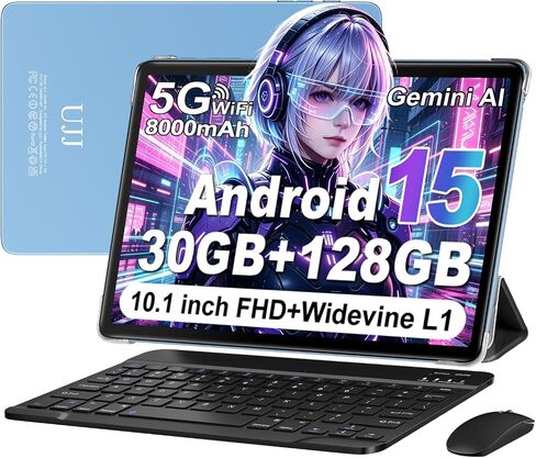 2026 Tablet 10 Inch Android 15 Tablet with Keyboard, 30GB+128GB+1TB Expand | Gemini AI Octa-Core Electronics Tablets, 2-in-1 Tablets PC, 5G WiFi, 8000mAh, Widevine L1, GPS, Metal Body - Blue Case in Kuwait