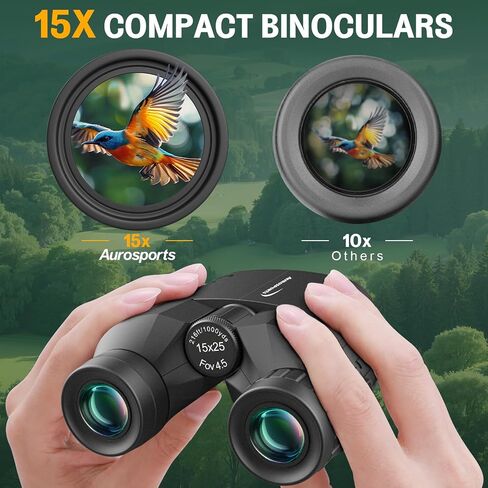 Aurosports Compact Binoculars for Adults & Kids - 15x25 High Power Binoculars with FMC Lenses & High Light Transmission Ultra Lightweight & Small Binos for Bird Watching Gifts for Men Women - Black in Kuwait