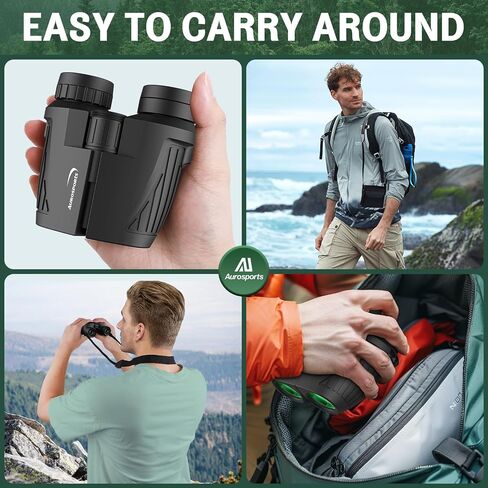Aurosports Compact Binoculars for Adults & Kids - 15x25 High Power Binoculars with FMC Lenses & High Light Transmission Ultra Lightweight & Small Binos for Bird Watching Gifts for Men Women - Black in Kuwait