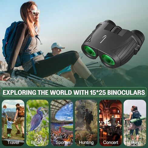 Aurosports Compact Binoculars for Adults & Kids - 15x25 High Power Binoculars with FMC Lenses & High Light Transmission Ultra Lightweight & Small Binos for Bird Watching Gifts for Men Women - Black in Kuwait