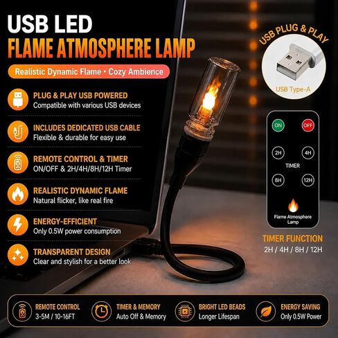 USB Flame Atmosphere Lamp,Realistic Flicker LED, Cozy Desk & Car Decor, Remote & Timer, Portable Mood Light in Kuwait
