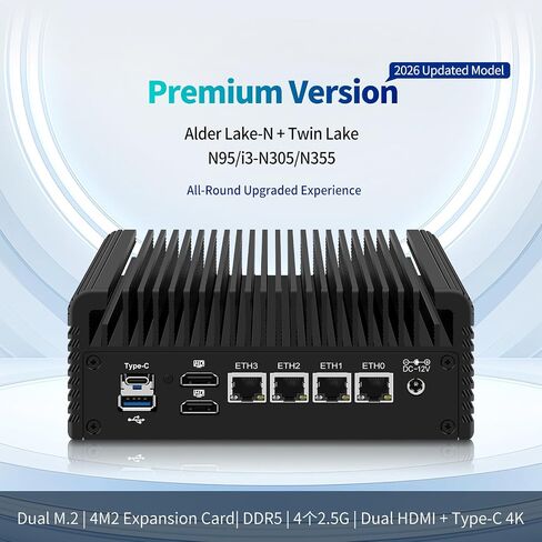 Fanless Mini PC 4X 2.5G i226-V LAN, N95/N305/N355 Processor,DDR5/PCIe NVMe/Triple 4K@60Hz/ 5xUSB/2×HDMI / 1×Type-C,Mini Computer for Soft Router Firewall (N95, NO RAM NO SSD（Barebone）) in Kuwait
